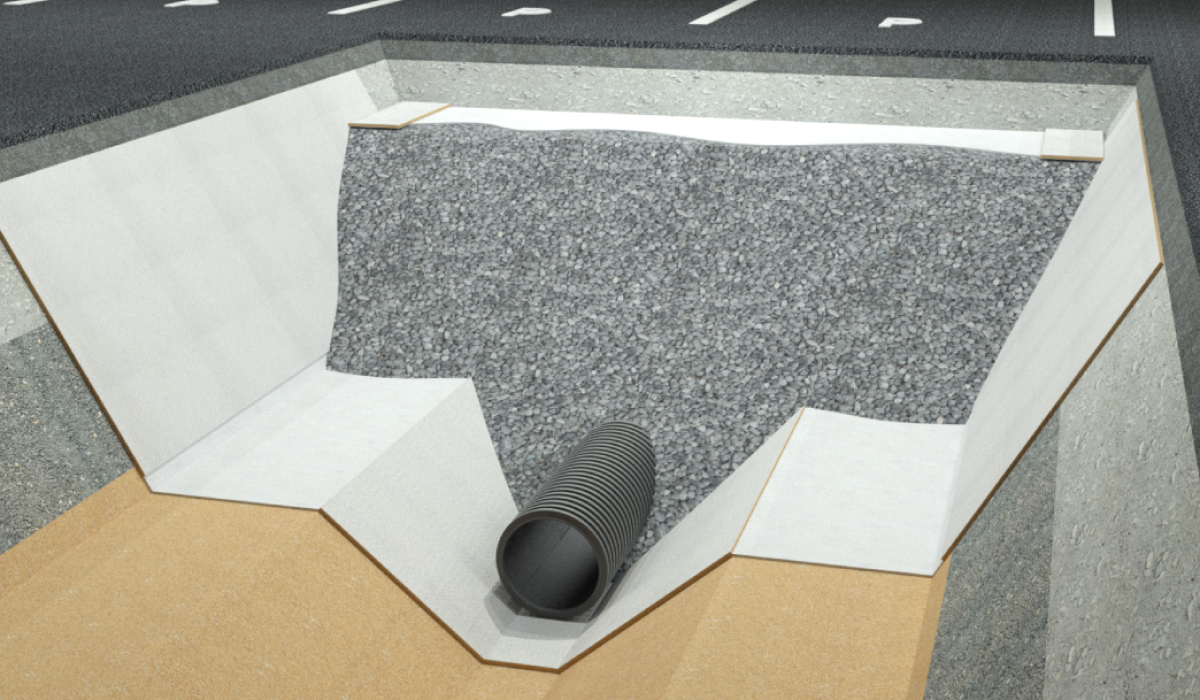GEO PROTECT®-Rigole mit seitlicher Abdichtung zur Versickerung von Regenwasser.